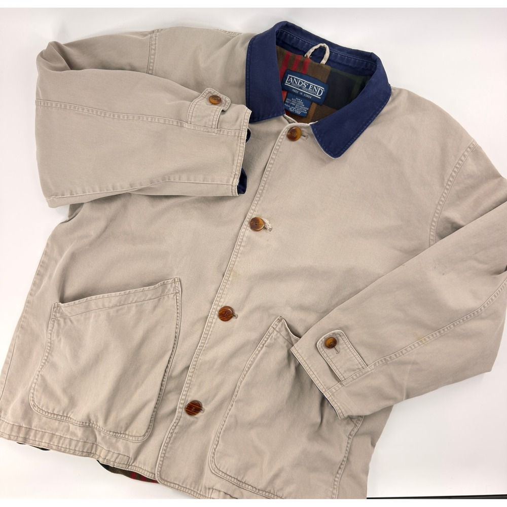 Lands End Barn Coat Mens Large Tan Vintage Plaid Lined Field Jacket